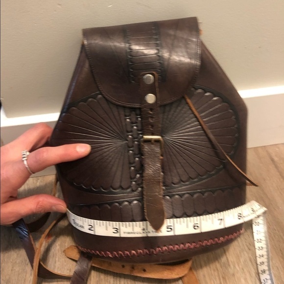 VTG Leather Mini BackPack Buckles Long Straps Tooled Starburst Pattern - Picture 9 of 9